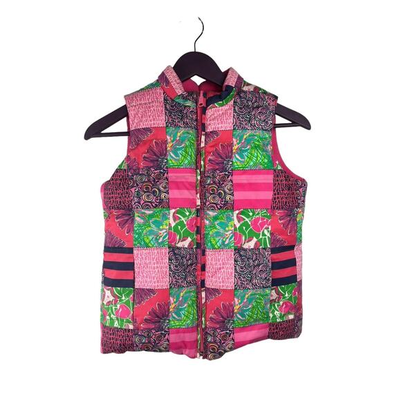 LILLY PULITZER LIBBI DOWN VEST Reversible Pink Floral Girls XL (12-14) Patchwork - Picture 1 of 7
